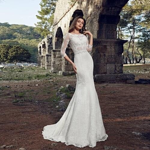 Vestidos De Novia Lace Mermaid Wedding Dress Three Quarter Sleeve Robes De Mariage Simple Trouwjurk Illusion Back Hochzeitskleid