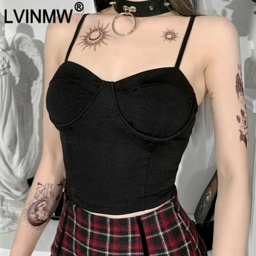 LVINMW Spaghetti Straps Solid Sexy Skinny Gothic Camisole Tops Flattering Backless Patchwork Goth Slim Black Camis For Summer