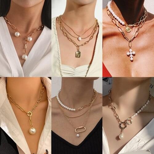 New Personality Imitation Pearl Multilayer Metal Long Chain Simple Necklace For Women Men Jewelry Necklace Gifts