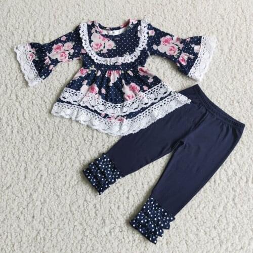 Girls Clothes A Dark Blue Dress And Trousers Suit With White Lace And Floral Print Kids Clothing