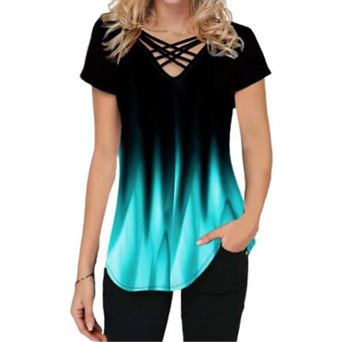 5XL Casual Summer T Shirt 2021 Women Short Sleeve Gradient Print Tops Oversized Streetwear Ladies V-Neck Cross Tee 4XL Plus Size