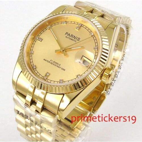 Gold plated case diamond dial 36mm PARNIS date stainless steel strap with gold plated automatic mens watch PA1071