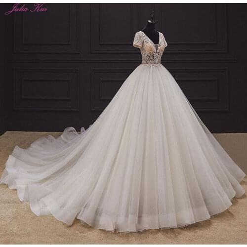 Julia Kui Luxuries Gorgeous Ball Gown Wedding Dresses Of Delicate Beads Rhinestones Short Sleeve Chapel Train Bride Dress