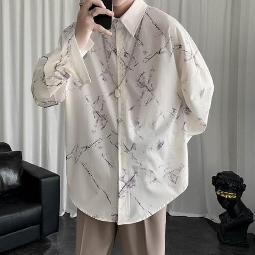 Long Sleeve Men Button Up Japanese Fashion Shirt White Tie Dye Shirt Cardigan Blouse Collared Shirt Clothes Clothing Streetwear