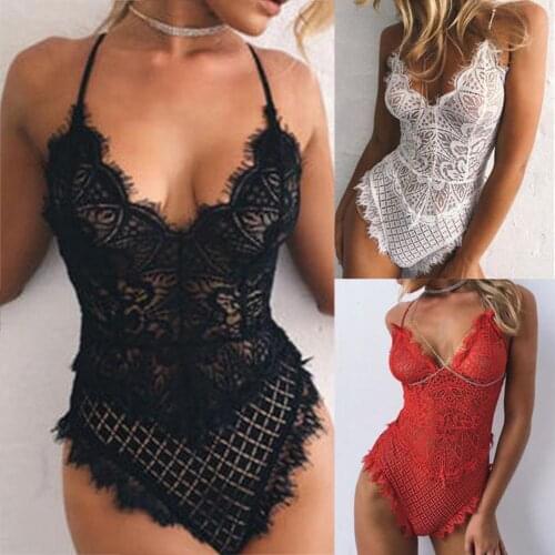 Sexy Lace Bodysuit Women Deep V Neck Sexy Bodysuit Underwear Women See-through One-piece Bodysuits Jumpsuit Femlae Nightwear