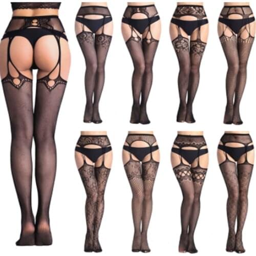 Sexy Pantyhose Fishnet Lace Open C Thigh High Stockings + Garter Belt Suspenders Underwear Women Black Floral Pantyhose