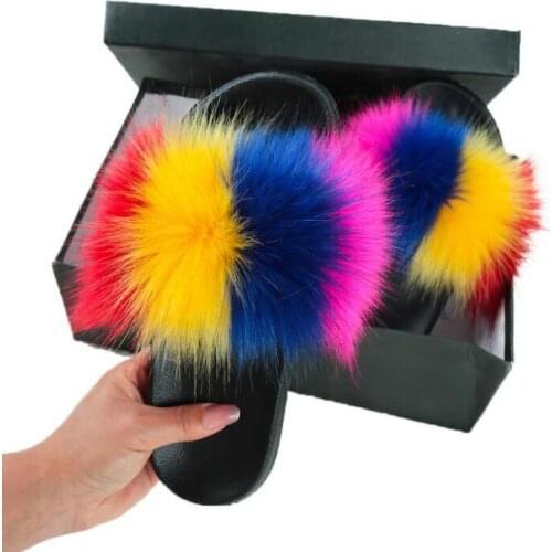 Summer Fluffy Raccoon Fur Slippers Shoes Women Real Fox Fur Flip Flop Flat Furry Fur Slides Outdoor Sandals Woman Amazing Shoes