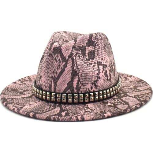 Metal chain jazz hat fedora hat snake printed pattern Cowboy Winter Fedora Hat Big Brim For Men Jazz Hat leapoard round top hat