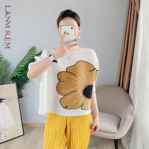 LANMREM Flower Printed T-shirt For Women Summer Short Sleeve Large Size Stretch T-shirts Female All Match Top Clothing 2D5013