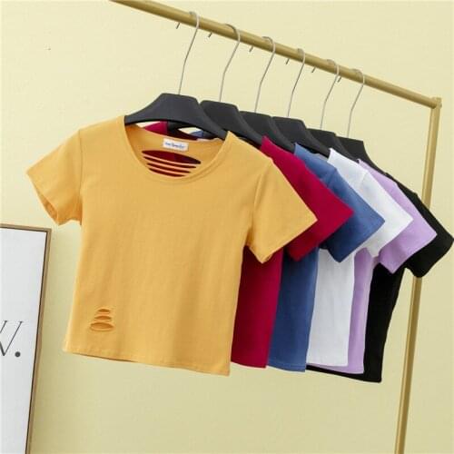 Womens Cotton T-Shirt Summer Slim Femme O-Neck Solid Crop Top High Waist Casual Sports Hole Crop Top Shirt Simple Women Tshirt