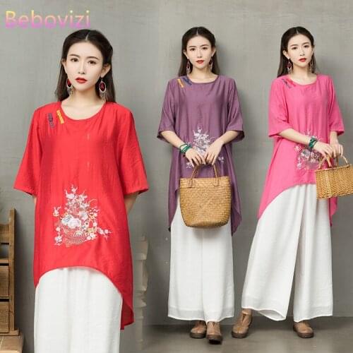 2021 New Retro Embroidery Red Purple Summer Han Fu Traditional Chinese Clothing for Women Hanfu Tang Tops Blouse