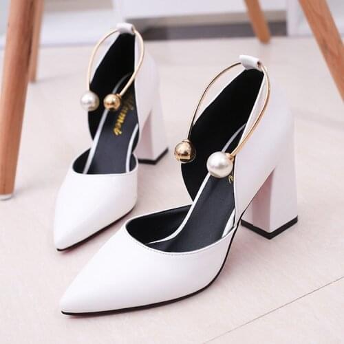 Women Thin High Heels Pointed Toe Shallow Mouth Foot Ring Pearl Square Heel Sandals Office Hollow Out Party Pumps W21-73