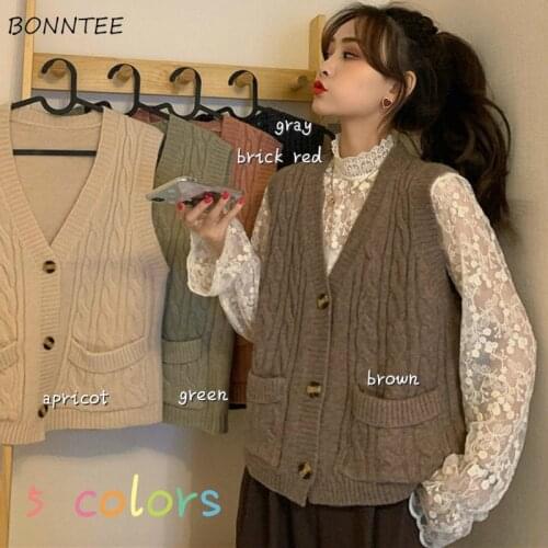 Sweater Vest Women Sweet Loose Lazy Casual Solid Feminino Clothing V-Neck Knitting All-match Sleeveless Simple Autumn BF Style