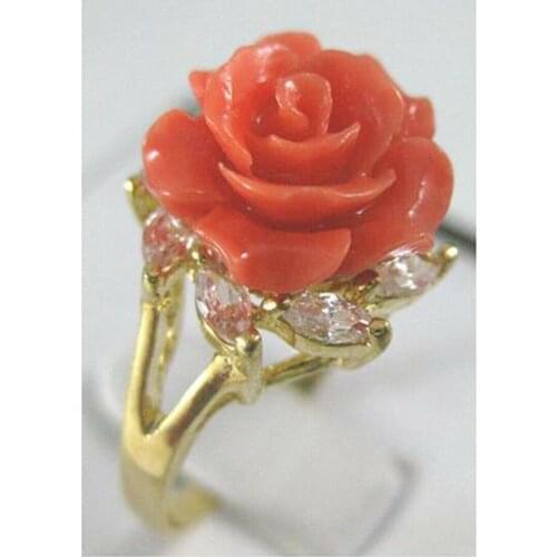 Pretty 18KGP Pink Coral Rose Flower Women' s Ring AAA+ Size 6-9