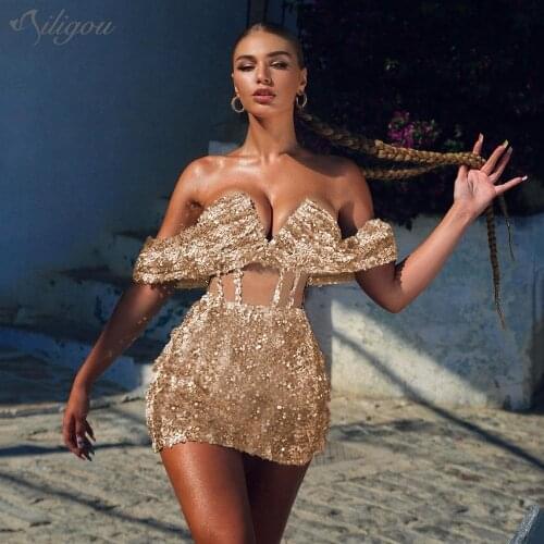 Ailigou 2021 New Luxury Sexy Womens Gold Sequins Glitter Deep V Neck Hollow Strapless Skinny Mini Club Party Dress