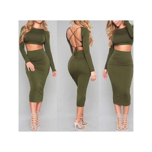 2 piece set backless bandage 2019 New Arrive Spring dress long sleeve cotton warm midi sexy party bodycon dress for women S M L