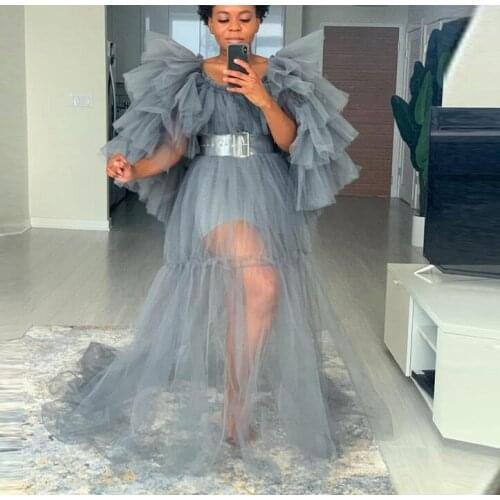 See Thru Prom Dress Tiered Sleeve abendkleider vestidos formales Long Prom Dresses Gray Tulle Custom Made Cheap