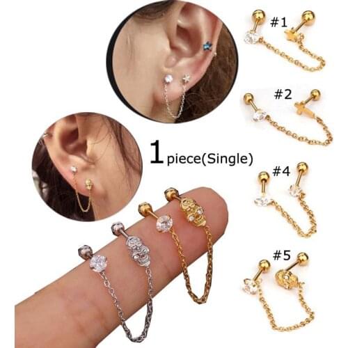 1piece Stainless Steel Lobe Helix Pinna Piercing Tragus Earrings Chain Dangle Cross Skull Star Shape