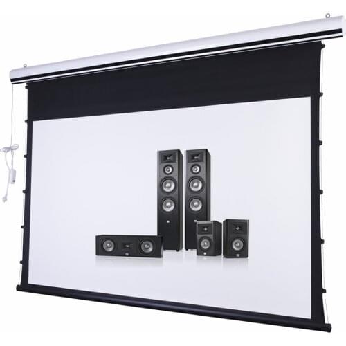 16:9 HDTV Premium Electric Tab-Tensioned Projector Screen With 8K Woven Acoustically Transparent White Canvas