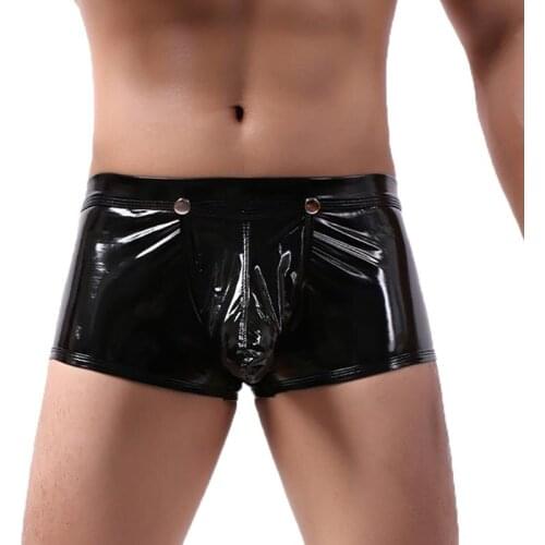 3PCS/Lots Men Boxer Shorts Lingerie Button Crotchless Gay Panties Shiny Faux Leather Underwear Latex Trunk Boxershorts Plus Size