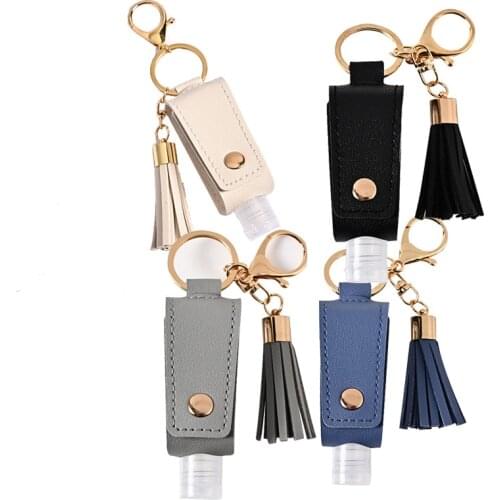 4Pcs 30ml Portable Hand Sanitizer Bottle Leakproof Plastic Travel Bottle with Tassels Leather Keychain Holder Carriers