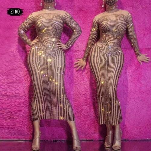 Sparkly black stripe Rhinestones Dress Prom Party club night Outfit Women sexy Dance Dress Birthday Celebrate performance stage