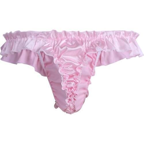 Sissy Briefs Thongs Shiny Panties Mens Ruffled Frilly Satin Sissy Lingerie Soft Sexy Bikini G-strings Gay Underwear Underpants
