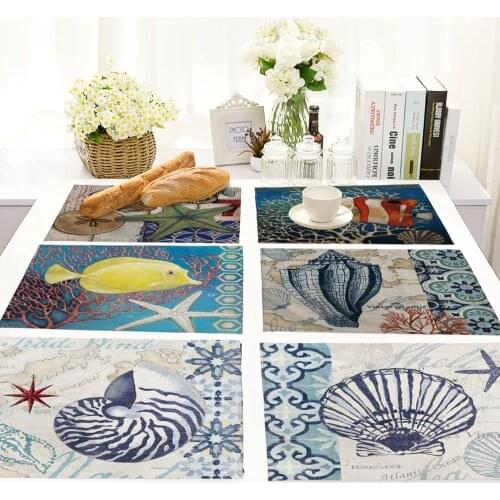 Cotton and Linen Marine Animal Pattern Placemat Starfish Shark Crab Octopus Print Drink Beer Mat Bar Decoration Blue Tableware