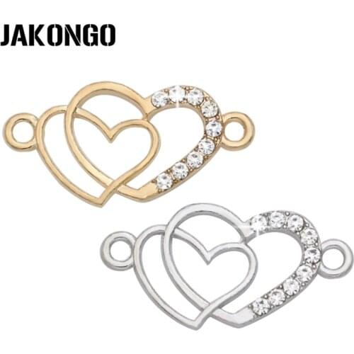JAKONGO Silver Plated Crystal Double Heart Love Connectors for Jewelry Making Bracelet Findings Accessories DIY Craft 5pcs/lot