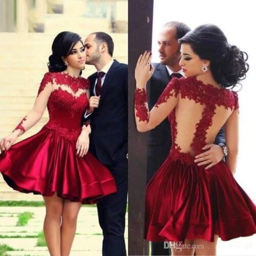 JIERUIZE Burgundy Short Homecoming Dresses 2021 Long Sleeves Lace Appliques Sheer Back Short Cocktail Party Dresses