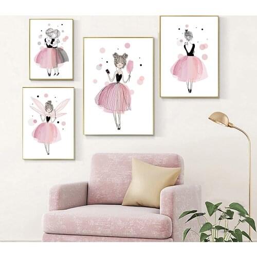Nordic Pink Princess Wing Girl Flower Canvas Painting Ballet Poster And Print Nursery Wall Art Picture Baby Kids Room Home Decor