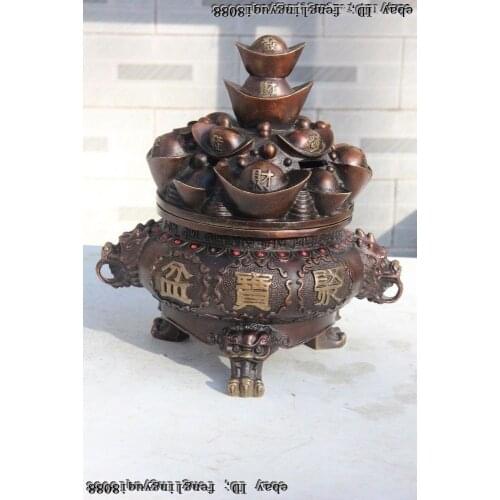 Chinese Bronze Copper Treasure bowl Yuan Bao Money Wealth Incense Burner Censer