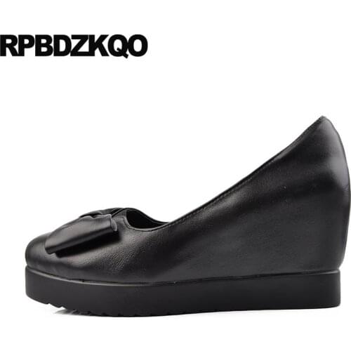 Round toe wedge hidden black 3 inch 2018 size 33 closed high heels bow 4 34 increase shoes pumps genuine leather women cute