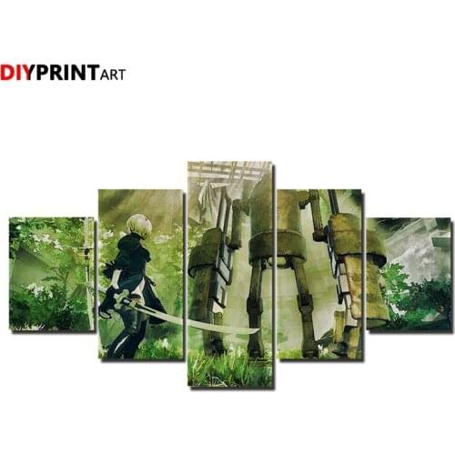 NieR Automata Green Robot 5 Panels Canvas Print Painting Pictures for Living Room Home Decoration A1720