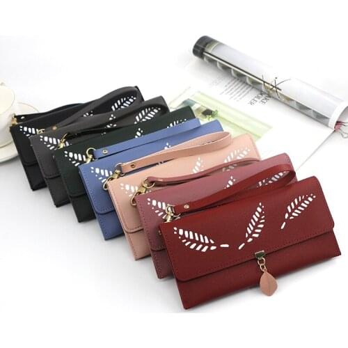 Wholesale Fashion Long Womens Large Multi-Function Metal Leaf Multi-Card Solid Color Twin Womens Wallet