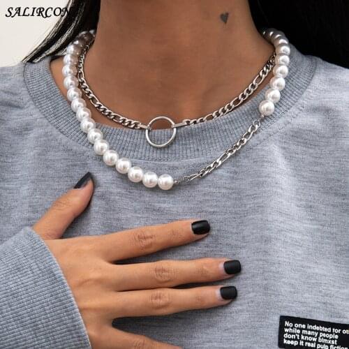 High Quality Stainless Steel Imitation Pearl Necklace for Women Goth Kpop Round Circle Link Chains Choker Necklace Jewelry 2021