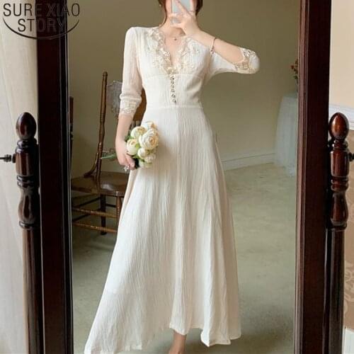 New Fashion French Lace Dress Women Elegant V-neck Long Sleeve A-line Midi Dresses Female Vestidos Autumn High Waist Dress 12759