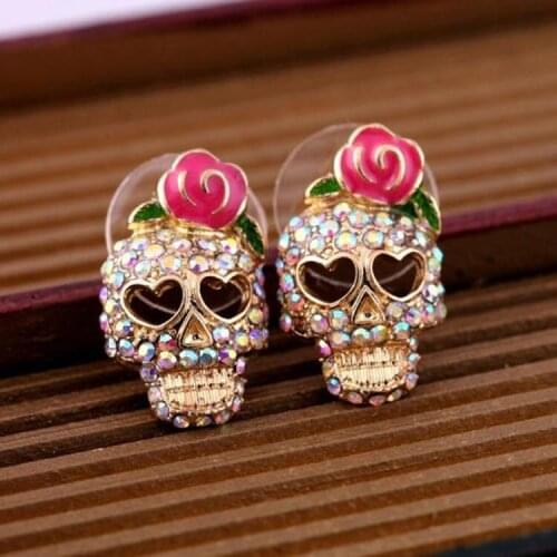 Punk Style Luxury Princess Skull Earrings Gold Color Red Flower Gift Jewelry Cute Party Earring For Women Fashion Jewelry brinco