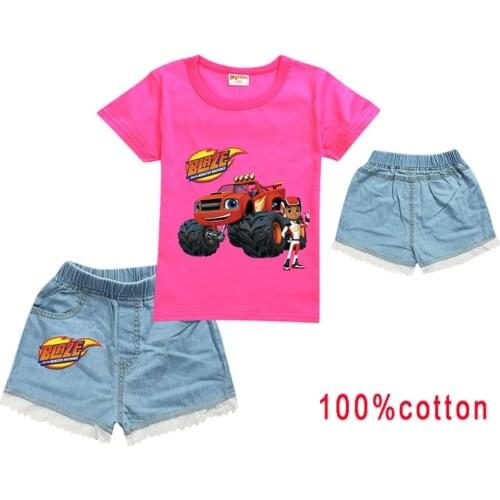 Cartoon Blaze and the Monster Machines T-shirts Suit Summer Kids T Shirts Cotton Tops Boys Girls Short Sleeve T-Shirt+ Jeans Set