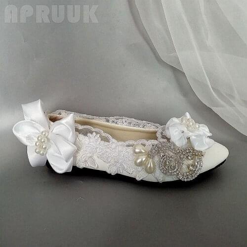 Crystal lace wedding flats shoes woman plus size 41 42 ladies satin butterfly-knot bridal party proms dress ceremony shoes