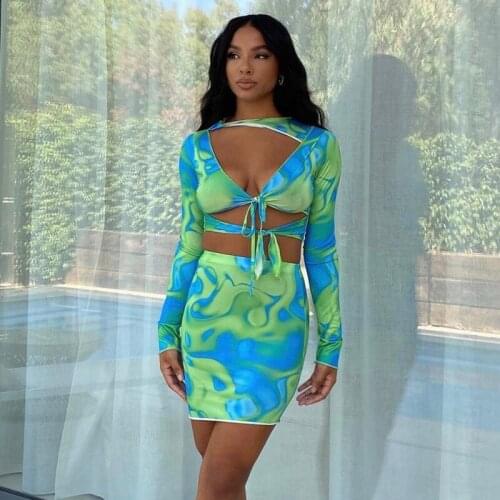 DSMTRC Women Skirt Sexy Hollow Out Bandage Long Sleeve Top+Elastic Waist Body-Shaping Female Skirt Aesthetic Print Two Piece Set