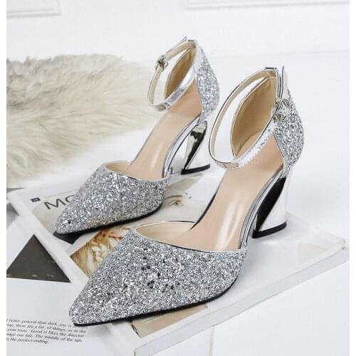 Women sandals PU Buckle Strap Sequined Cloth 8CM Thick heel High heels Pointed Toe Rhinestones Bling Shallow women shoes