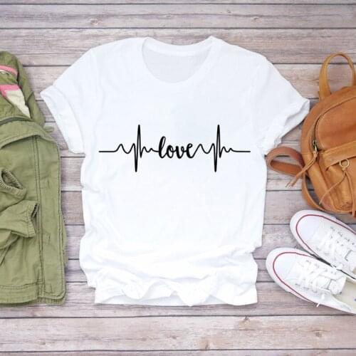 Women T-shirts Love Heartbeat Geometric Printing Cute Summer Autumn 90s Print Lady Womens Stylish T Top Shirt Sweet Tee T-Shirt