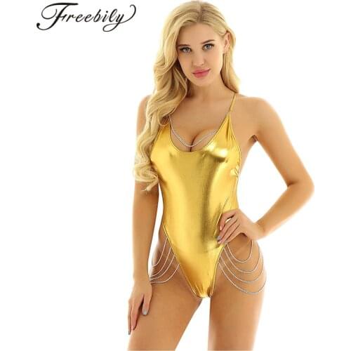 Women Shiny Metallic Bodysuits Spaghetti Straps Backless Jumpsuit Romper with Metal Chain Sexy Pole Dancing Leotards Clubwear