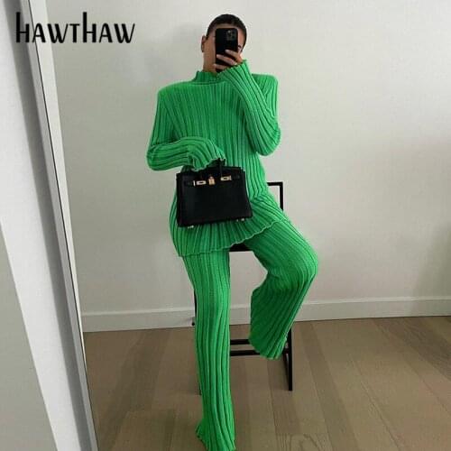Hawthaw Women Autumn Long Sleeve Knitted Bodycon Green Sweater Mini Dress Knitwear 2021 Fall Clothes Wholesale Items Streetwear