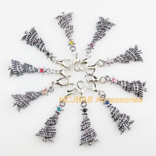 10 New Christmas Tree 14x30mm Charms Mixed Round Crystal Tibetan Silver Plated Retro With Lobster Claw Clasps