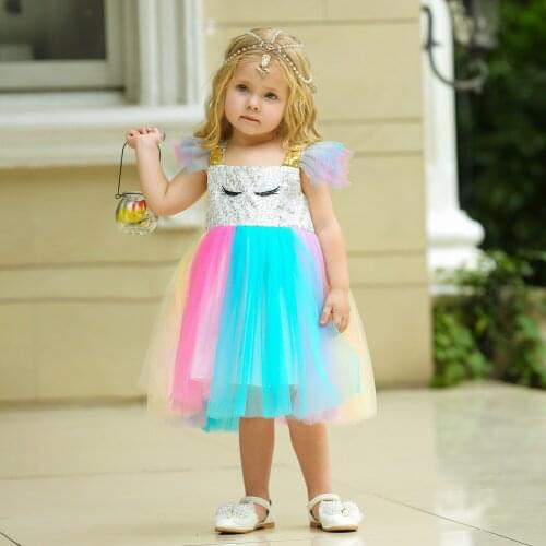2021 Summer Toddler Multicolor Tulle Dress Baby Girl Cartoon Print Fly Sleeve Square Collar Princess Dress