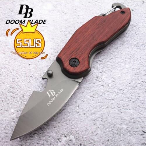 5.7" Mini Utility Folding Knife Multi-function Wooden Handle Outdoor Fruit Cutter Tactical Camping Survival Knife