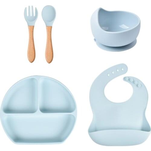 5 Pcs Baby Silicone Bibs Divided Dinner Plate Sucker Bowl Spoon Fork Set Training Feeding Food Utensil Dishes Tableware Kit