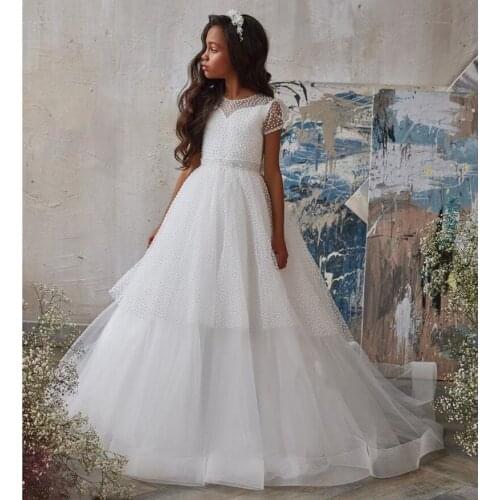 White Ivory Flower Girl Dresses for Weddings Sheer Neck Glitter Tulle Girls Pageant Gown First Communion Dress